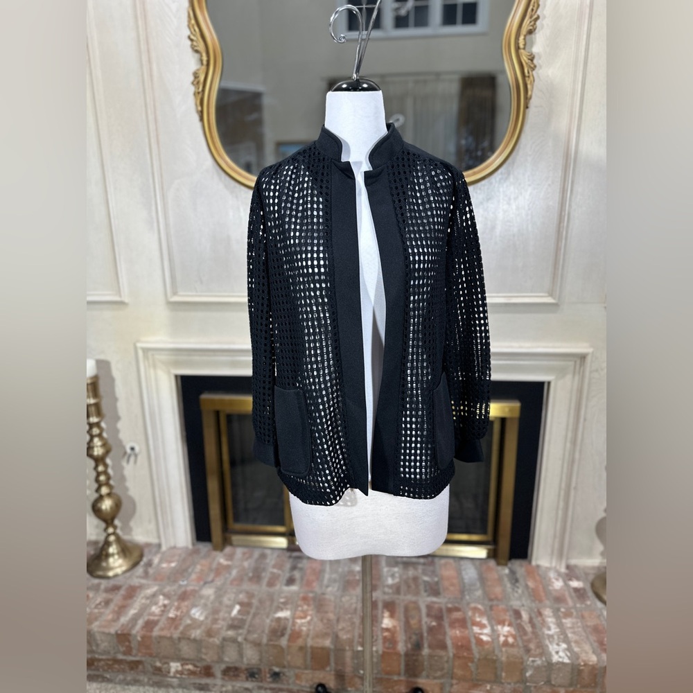 VTG Sears Black Open Weave Cardigan‎ Jacket M L 14 Grannycore 70s Mod Church